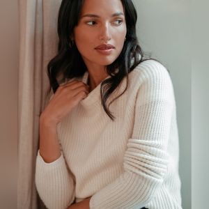Jenni Kayne Cashmere Fisherman Sweater Crewneck Ivory White S/XS EUC